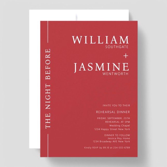 Modern simple typography red rehearsal dinner invitation (modern simple red and white wedding rehearsal dinner invitation )
