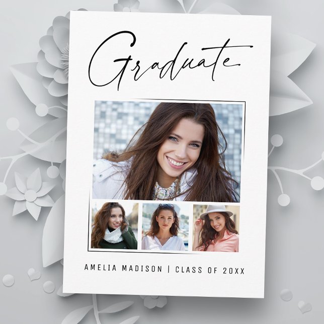 Modern Simple Unique Ink Script Graduate 4 Photo Announcement (Creator Uploaded)