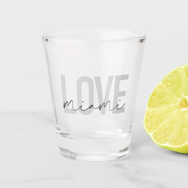 Modern, simple, urban, cool design of Love Miami Shot Glass (Front)