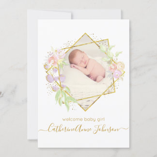 Modern Simple Watercolor Baby Girl Announcement