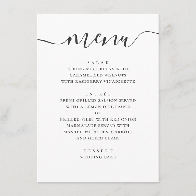 Modern simple wedding. Black and white script Menu (Front)