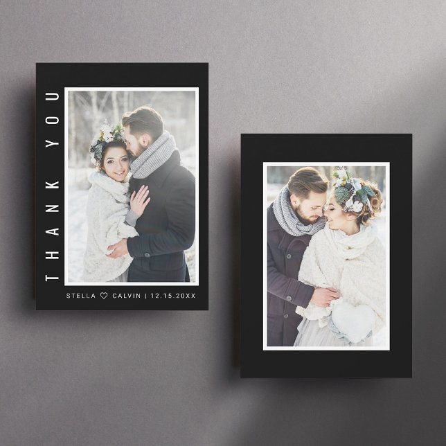 Modern Simple Wedding Photo Black Thank You Card (Front & Back)