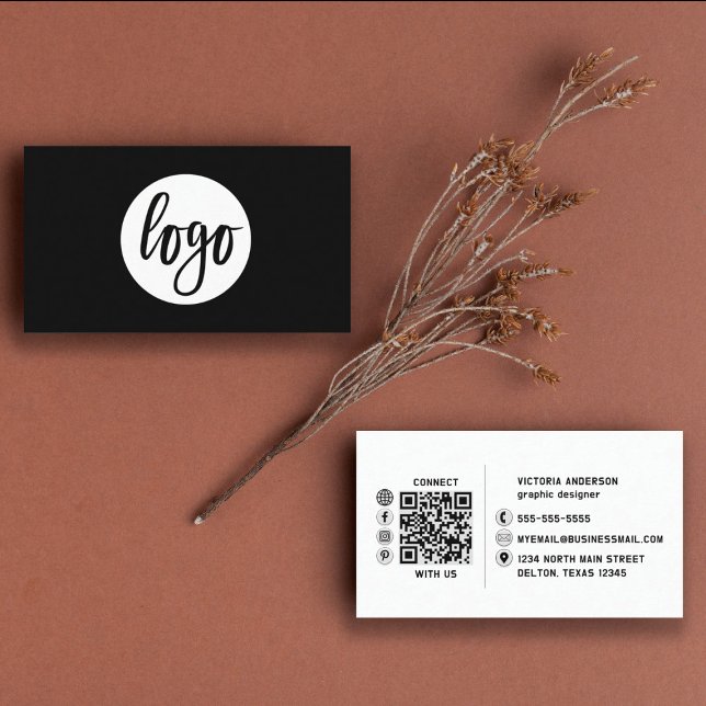 Modern Simple White and Black Logo QR Code Business Card (Creator Uploaded)