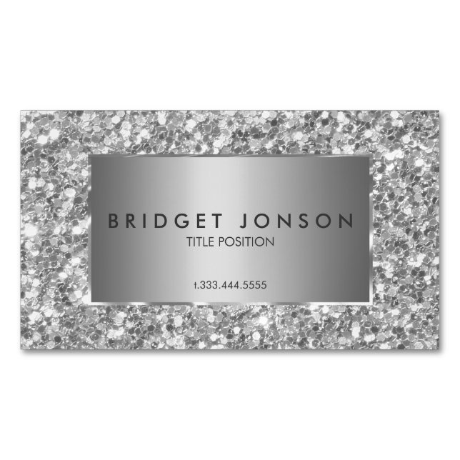 Modern Simple White And Grey Glitter Magnetic Business Card (Front)