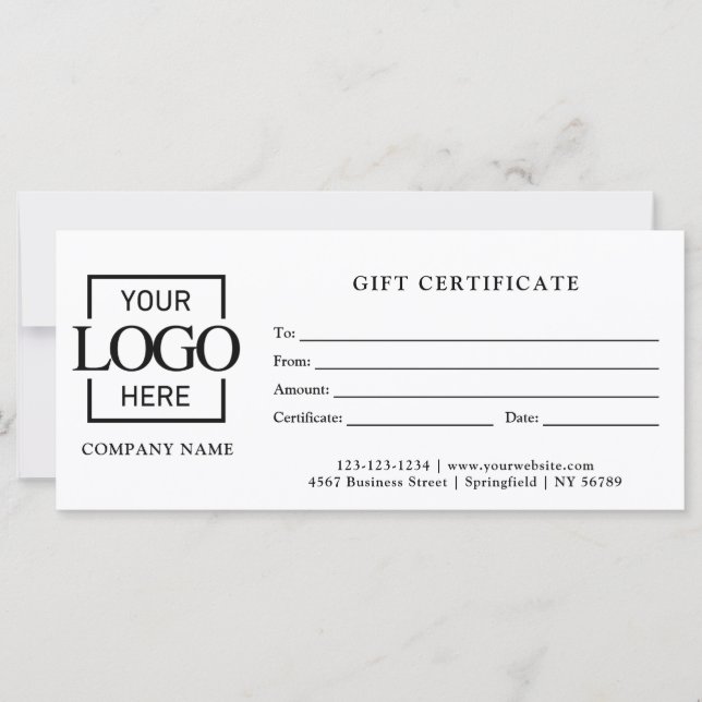 Modern Simple White Business Logo Gift Certificate (Front)