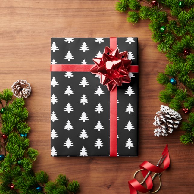 Modern Simple White Christmas Trees on Black Wrapping Paper (Holiday Gift)