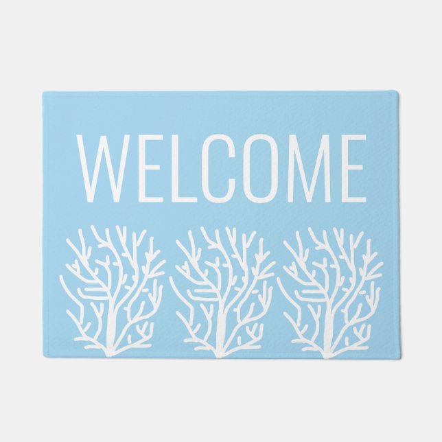 Modern simple white coral baby blue ocean doormat (Front)