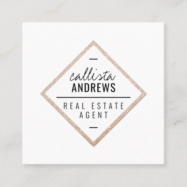Modern Simple White Gold Glitter Diamond Square Square Business Card (Front)