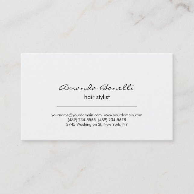 Modern Simple White Hair Stylist Business Card (Front)
