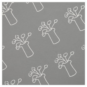 Modern simple white outline flower design on grey fabric