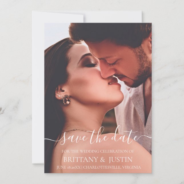 Modern Simple White Script Photo Save The Date (Front)