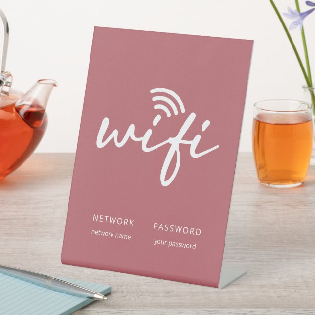 Modern Simple WiFi Network Password Dusty Red Pedestal Sign (In SItu)