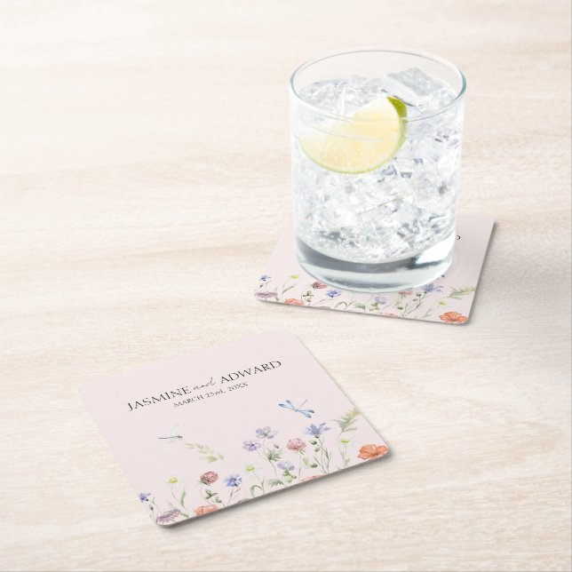 Modern Simple Wildflower Floral Wedding  Square Paper Coaster (Insitu)