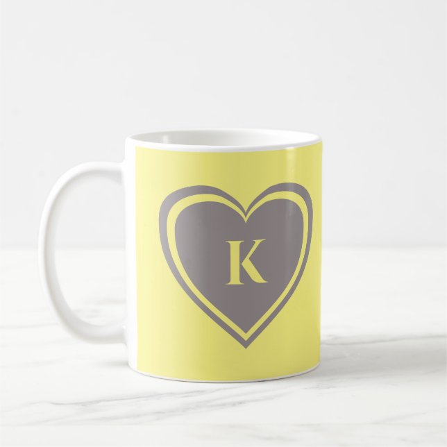 Modern Simple Yellow Grey Heart Monogram Coffee Mug (Left)