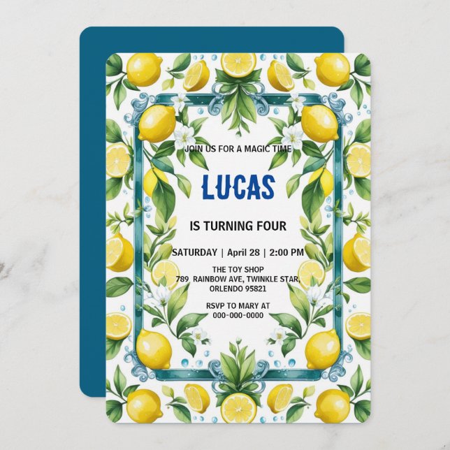 Modern Simple yellow Lemon watercolor birthday Invitation (Front/Back)