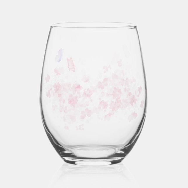 Modern simplepink butterfly floral Flowers wedding Stemless Wine Glass (Back)