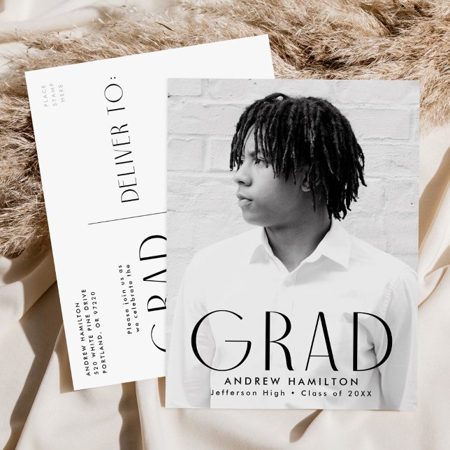 Modern Simplicity Black Photo Graduation Party Invitation Postcard (Creator Uploaded)
