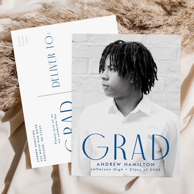 Modern Simplicity Blue Photo Graduation Party Invitation Postcard (Creator Uploaded)