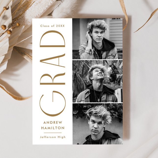 Modern Simplicity Brass 3 Photo Collage Graduation Announcement (Creator Uploaded)