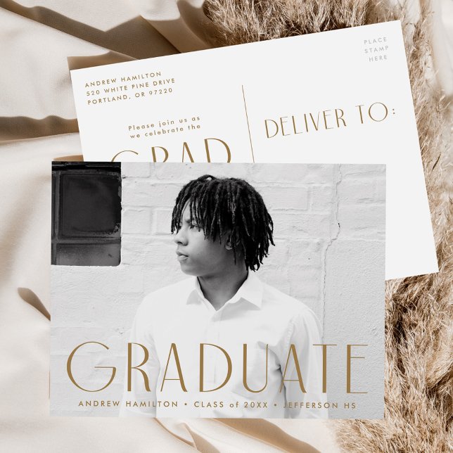 Modern Simplicity Brass Photo Graduation Party Invitation Postcard (Creator Uploaded)