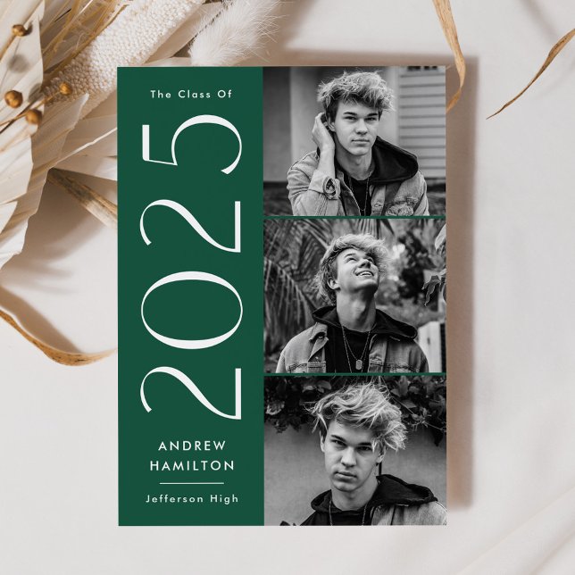 Modern Simplicity Green 3 Photo 2025 Graduation Announcement (Creator Uploaded)