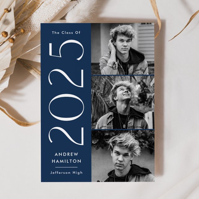 Modern Simplicity Navy 3 Photo 2025 Graduation Announcement (Creator Uploaded)