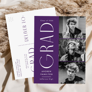 Modern Simplicity Purple 3 Photo Graduation Party Invitation Postcard