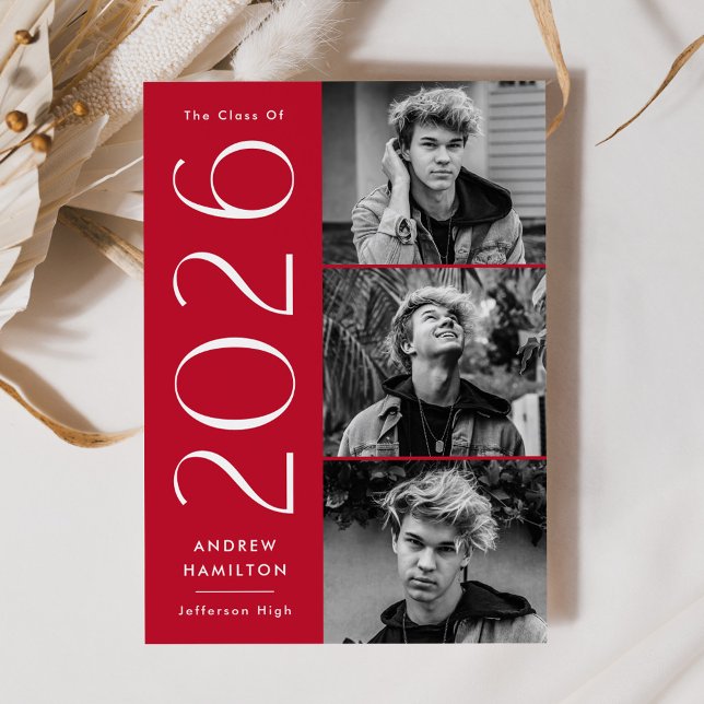 Modern Simplicity Red 3 Photo 2025 Graduation Announcement (Creator Uploaded)