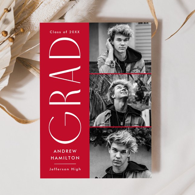 Modern Simplicity Red 3 Photo Collage Graduation Announcement (Creator Uploaded)