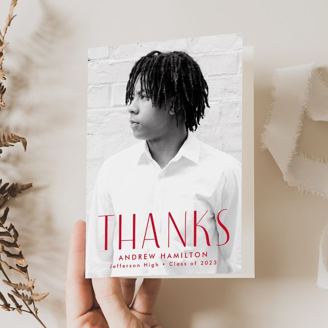 Modern Simplicity Red Photo Graduation Thank You Card (Creator Uploaded)
