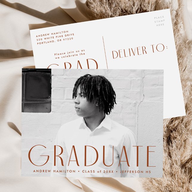 Modern Simplicity Rust Photo Graduation Party Invitation Postcard (Creator Uploaded)