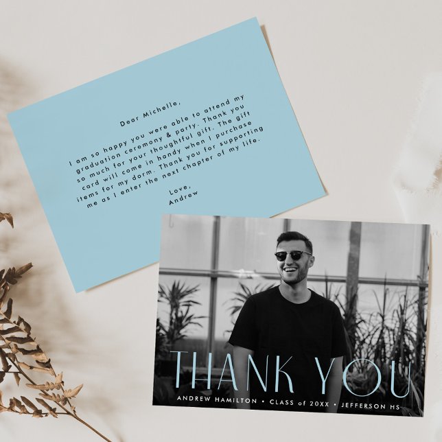Modern Simplicity Sky Blue Photo Graduation Thank You Card (Creator Uploaded)