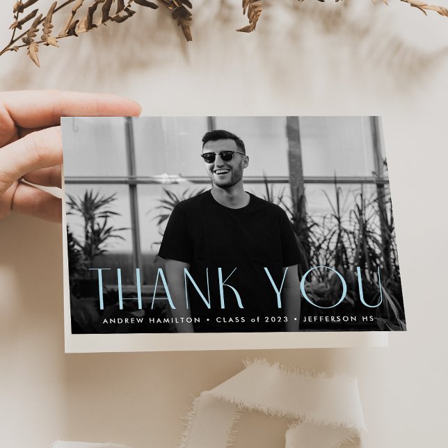 Modern Simplicity Sky Blue Photo Graduation Thank You Card (Creator Uploaded)