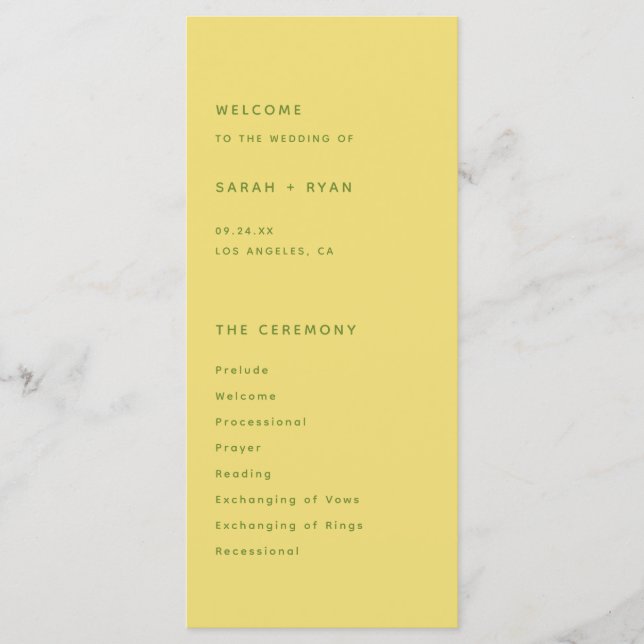 Modern Simplistic Lemon Yellow Wedding Ceremony Programme (Front)