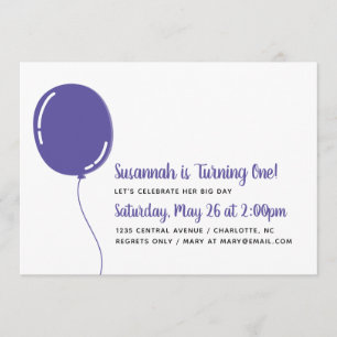 Modern Single Purple Ballon Birthday Party Invitation