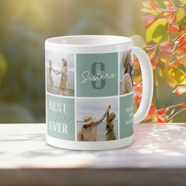 Modern Sister Sibling Photo Collage Green Coffee Mug (Creator Uploaded)