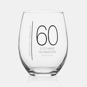Modern Sixty and Fabulous Name Date 60th Birthday Stemless Wine Glass
