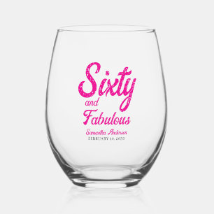 Modern Sixty and Fabulous Pink 60th Birthday Party Stemless Wine Glass