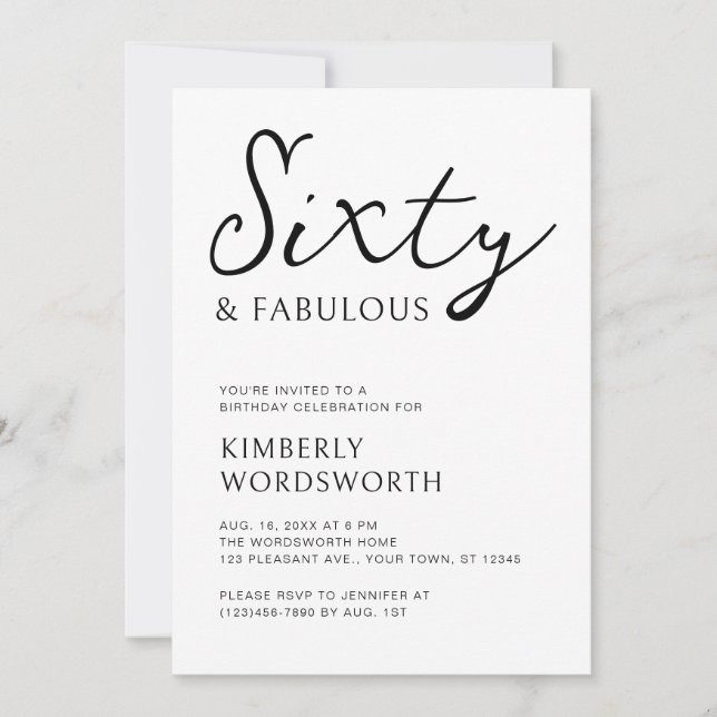 Modern Sixty and Fabulous Script 60th Birthday Invitation (Front)