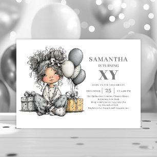 Modern Sketch Girl Birthday Black Gold invitation