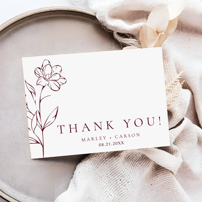 Modern Sketched Floral Burgundy Stylish Wedding Thank You Card (Creator Uploaded)