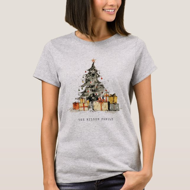 Modern Sketchy Watercolor Christmas Tree Gifts T-Shirt (Front)