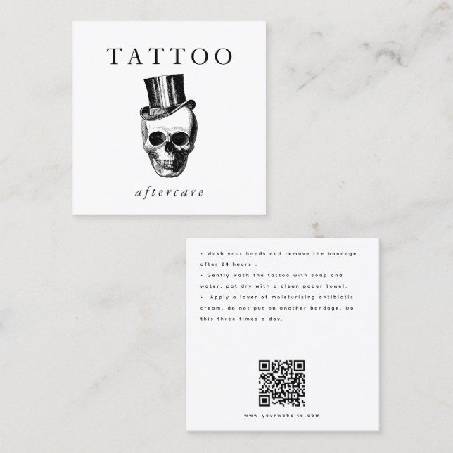 Modern Skull Tattoo Aftercare Instructions QR Code Square Business Card (Front/Back)