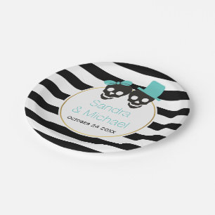 Modern skulls and stripes aqua Halloween wedding Paper Plate