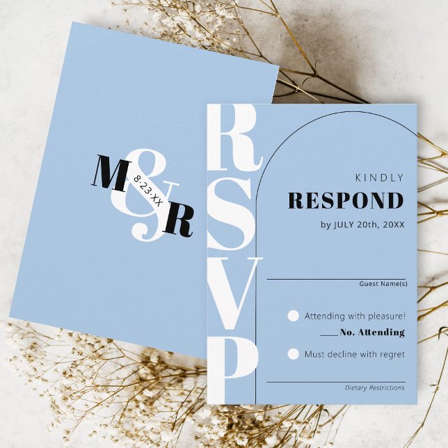 Modern Sky Blue Ampersand Arch Wedding RSVP Card (Classy arch matching sky blue modern wedding invitation RSVP card ampersand monogram black & white)