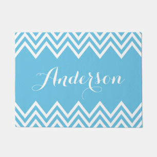 Modern Sky Blue Chevron Custom Monogram Doormat