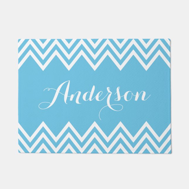 Modern Sky Blue Chevron Custom Monogram Doormat (Front)