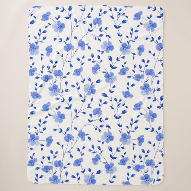 Modern Sky Blue  Daisy Floral  Sherpa Blanket (Front)