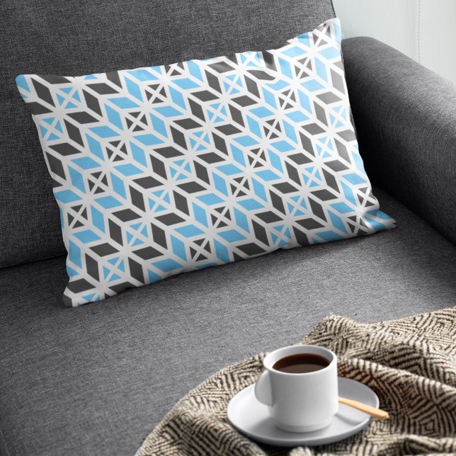Modern Sky Blue Dark Grey Geometric Herringbone Lumbar Cushion (Creator Uploaded)