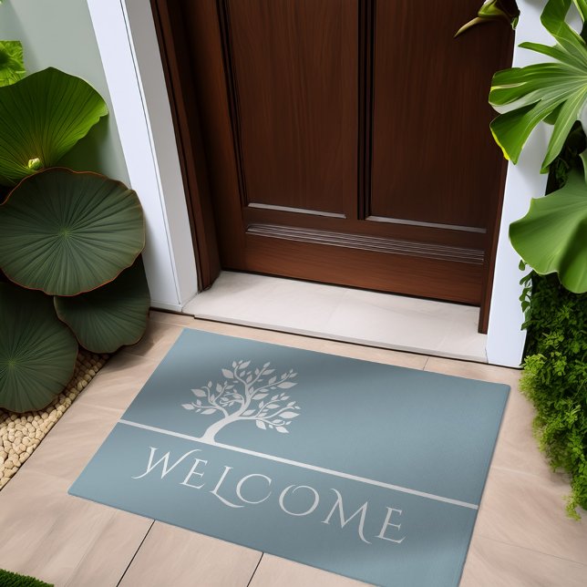 Modern Sky Blue Elegant Classy Tree YOGA Welcome Doormat (Creator Uploaded)